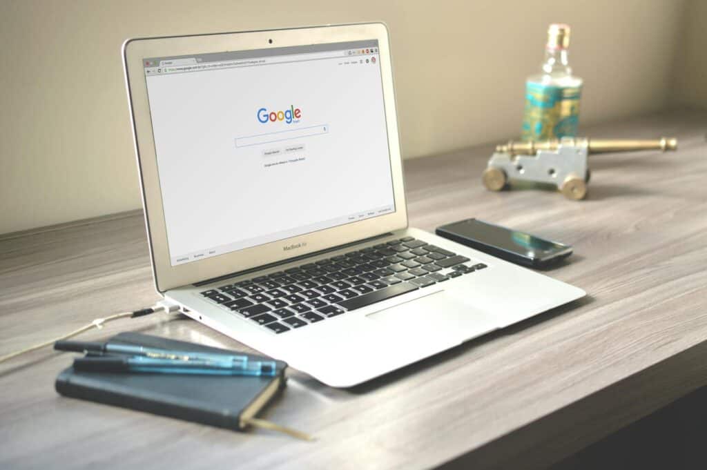 A laptop with Google search engine ready to use