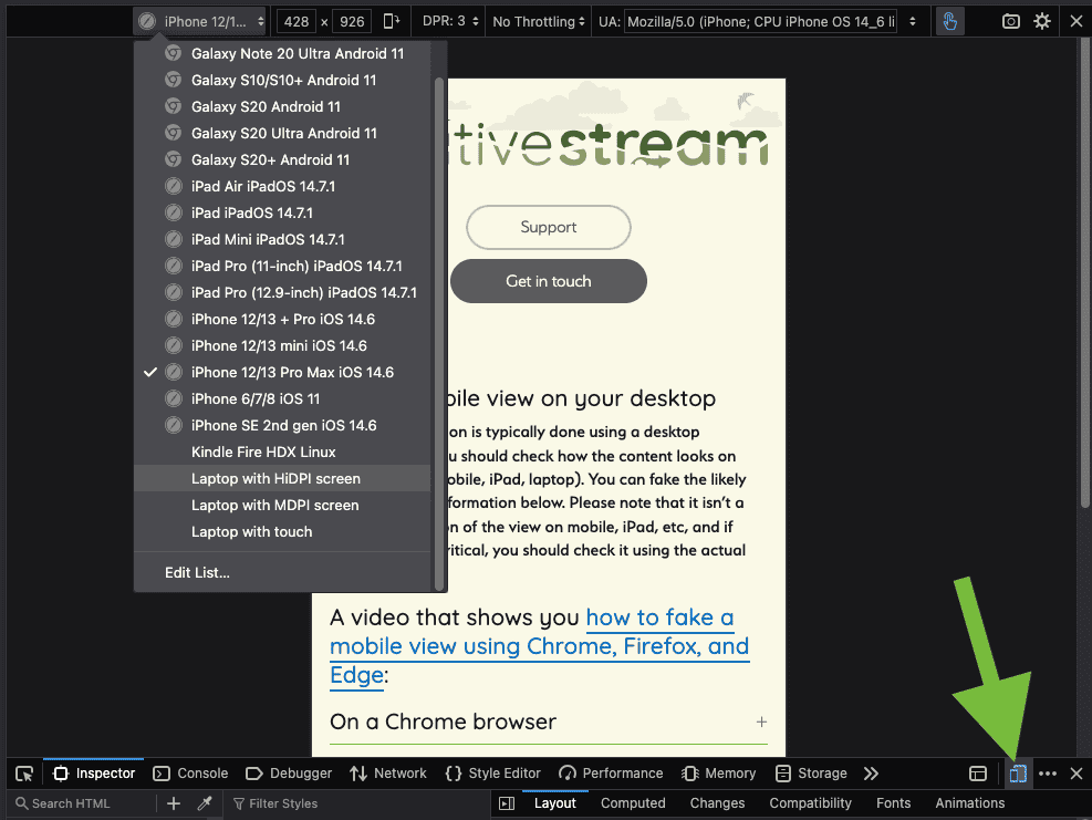 Firefox browser, showing the dropdown of device choices top left and the icon in the bottom right corner